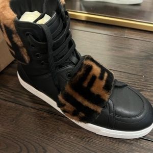 Fendi FF Shearling & Leather High-Top Sneakers